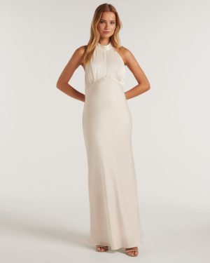 Forever New Women's a Halter Neck Satin Gown in Ivory, Size 8 Polyester/Viscose/Polyester