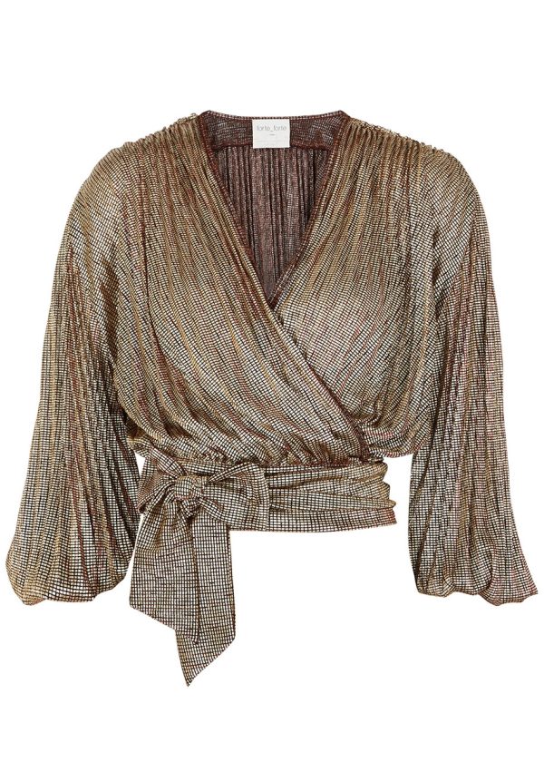 Forte_forte Gold Metallic-weave Draped Wrap top - 2