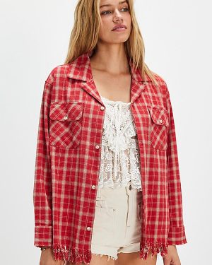 Found Raw-Cut Fringe Plaid Camp Shirt at Free People in Red Plaid, Size: XS