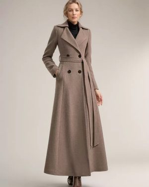 Full-length Woolen Coat For Women Wide Notched Lapel Double-breasted Belted Winter Outerwear In Solid Color 2025