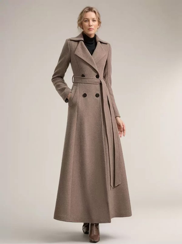 Full-length Woolen Coat For Women Wide Notched Lapel Double-breasted Belted Winter Outerwear In Solid Color 2025