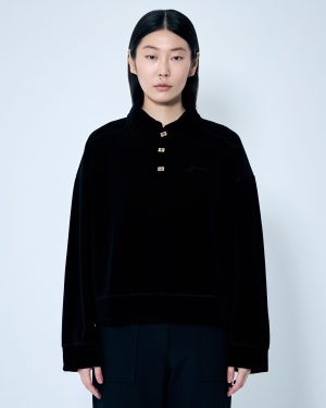 GANNI Heavy Velour Polo Shirt - Woman Tops Black L - Xl