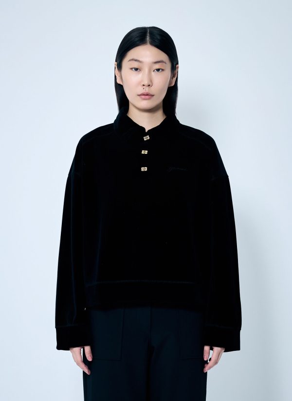 GANNI Heavy Velour Polo Shirt - Woman Tops Black L - Xl