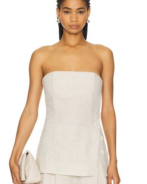 GRLFRND Linen Strapless Tunic Top in Beige. Size M, XL, XS, XXS.