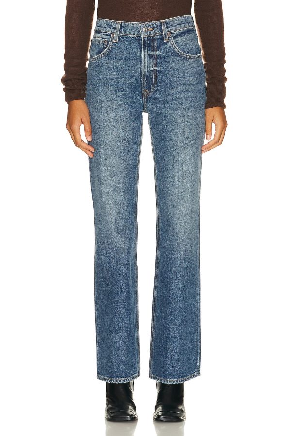 GRLFRND x Lindsi Lane Melanie Petite High Rise Boot Cut Jeans in Los Feliz - Denim-Medium. Size 25 (also in 26, 27, 28, 29, 30, 31, 32).