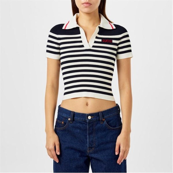 GUCCI Cotton And Viscose Rib Polo Top - Blue