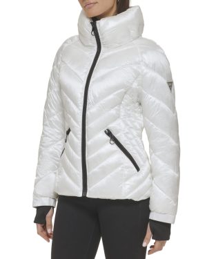 GUESS Women's Puffer Storm Cuffs- Quilted Transitional Jacket White