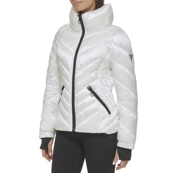 GUESS Women's Puffer Storm Cuffs- Quilted Transitional Jacket White