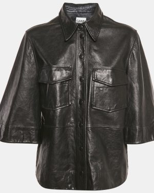 Ganni Black Leather Button Front Wide Sleeve Shirt Jacket L