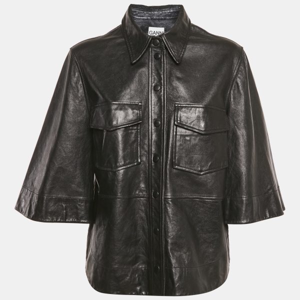 Ganni Black Leather Button Front Wide Sleeve Shirt Jacket L