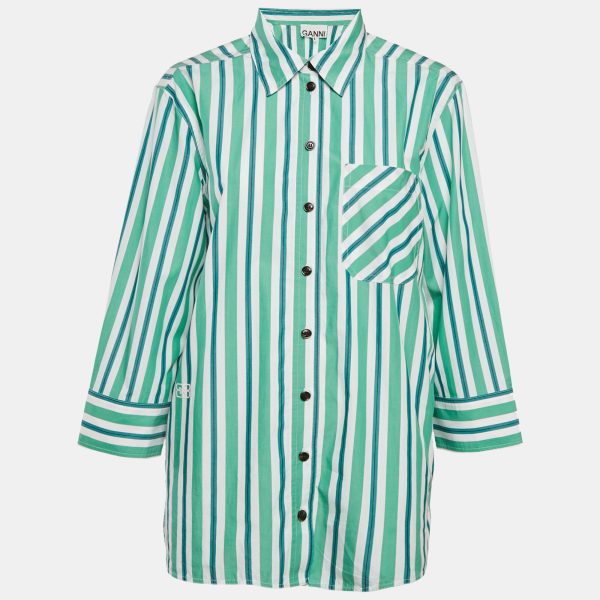 Ganni Green Striped Cotton Button Front Oversized Shirt S