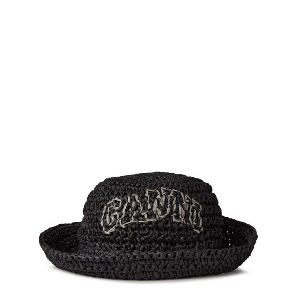Ganni Logo Straw Hat - Black