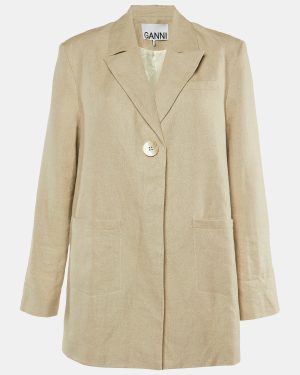 Ganni Neutral Linen Button Front Oversized Jacket L
