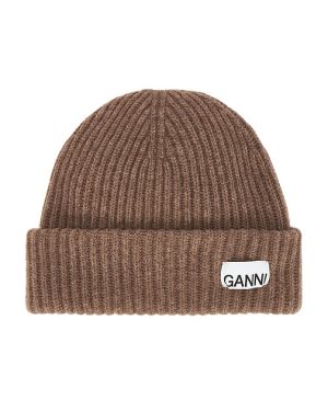 Ganni Rib Knit Beanie in Beige.