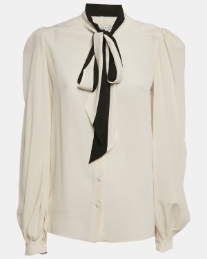 Givenchy Off- White Silk Chiffon Contrast Neck Tie Detail Shirt M