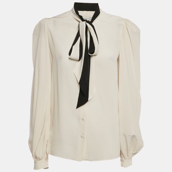 Givenchy Off- White Silk Chiffon Contrast Neck Tie Detail Shirt M