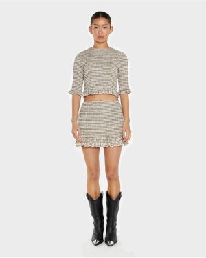 Glamorous Beige-Black Check Shirred Crop-Top