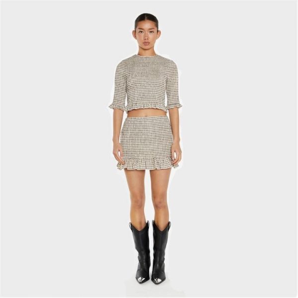 Glamorous Beige-Black Check Shirred Crop-Top