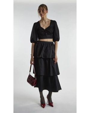 Glamorous Black Tiered Midi Skirt