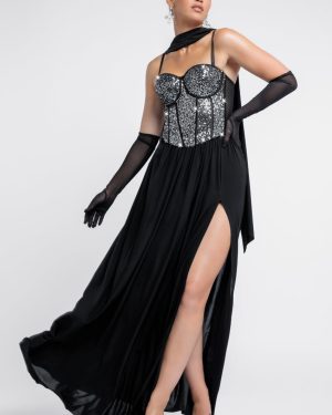 Goddiva Sequin Corset Side Split Jersey Maxi Skirt With Scarf & Stretch Mesh Gloves - Black & Silver