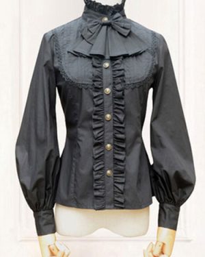 Gothic Lolita Blouse Black High Collar Balloon Sleeve Lolita Shirt