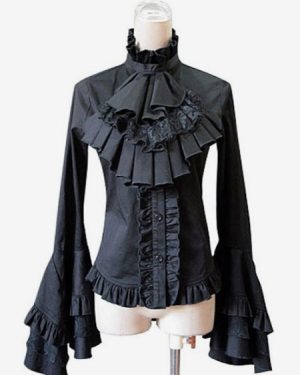 Gothic Lolita Blouse Lace Patch Cotton Pleated Bow Ruffles Two Tone White Lolita Top