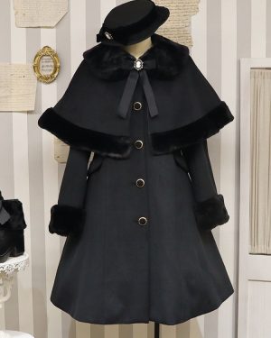 Gothic Lolita Coats Black Christmas Bows Polyester Overcoat Cape Coat Color Block Lolita Outwears Winter
