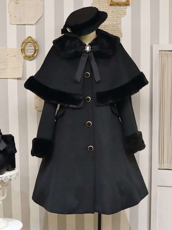 Gothic Lolita Coats Black Christmas Bows Polyester Overcoat Cape Coat Color Block Lolita Outwears Winter