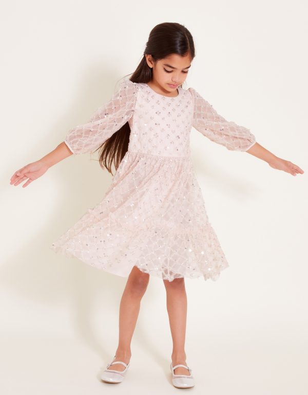 Gracie Long Sleeve Beaded Tunic Dress Pink
