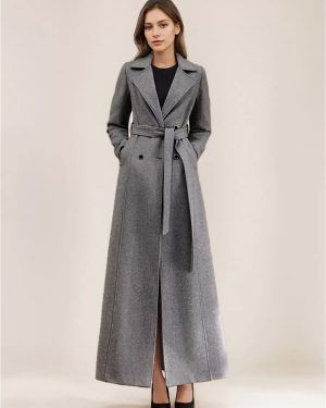 Gray Wool Blend Coat For Woman Lapel Belted Double-breasted Chic Full Length Wrap Outerwear 2025