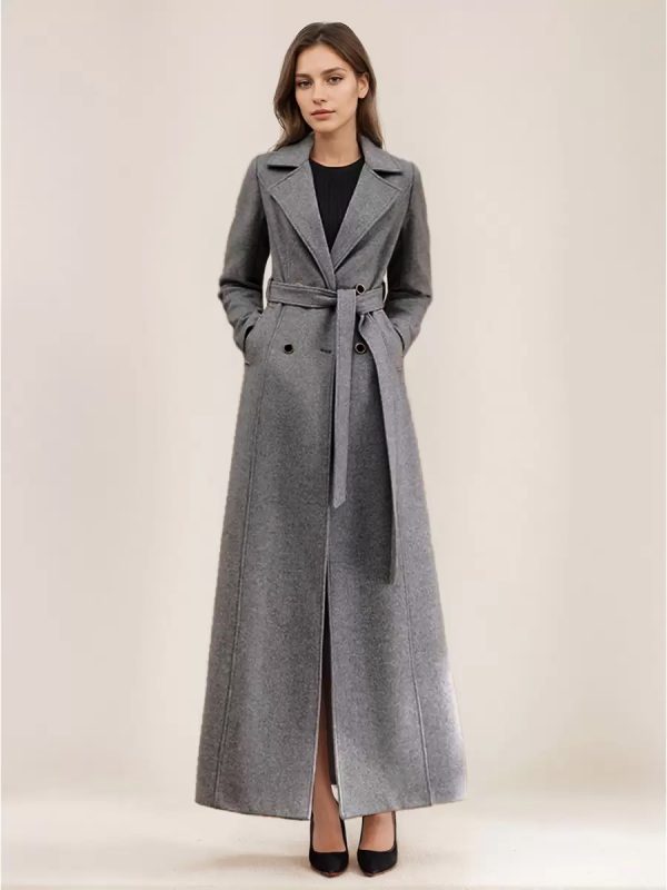 Gray Wool Blend Coat For Woman Lapel Belted Double-breasted Chic Full Length Wrap Outerwear 2025