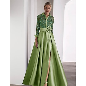 Green Blue Embroidered A-Line Evening Gown Elegant Dress Formal Wedding Guest Floor Length Long Sleeve Shirt Collar Satin with Glitter Slit 2025