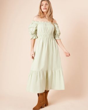 Green DOROTHY PERKINS Cut Work Sleeve Poplin Bardot Dress