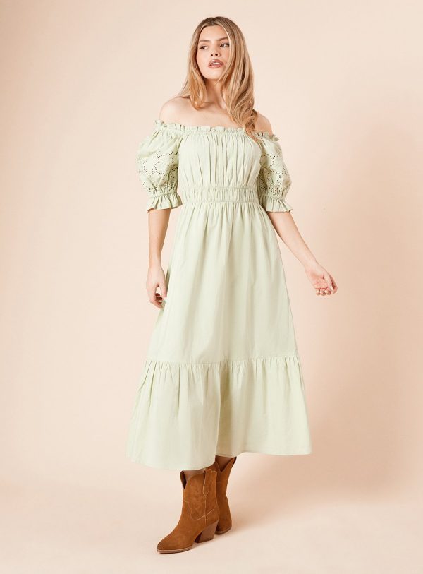 Green DOROTHY PERKINS Cut Work Sleeve Poplin Bardot Dress