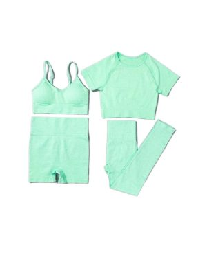(Green, S) Women Seamless Yoga Set Short Sleeve Crop Top High Waist Sport Leggings Suit Pack 4