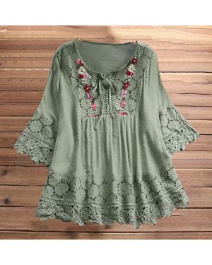 (Green, Tag Size 5XL=UK Size 22) Women Lace Half Sleeve Shirts Tops Ladies V Neck Casual Floral Print Blouse UK
