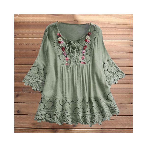 (Green, Tag Size 5XL=UK Size 22) Women Lace Half Sleeve Shirts Tops Ladies V Neck Casual Floral Print Blouse UK