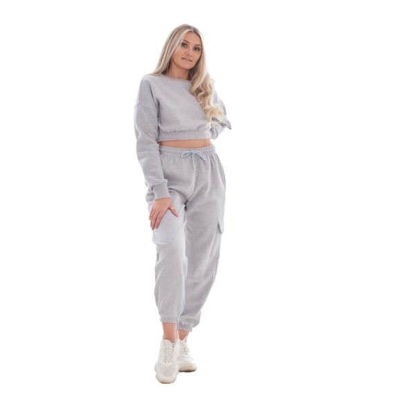 (Grey, L) Malay Ladies Cropped Plain Tracksuit 2 Pieces Round Neck Sweatshirts Cargo Joggers