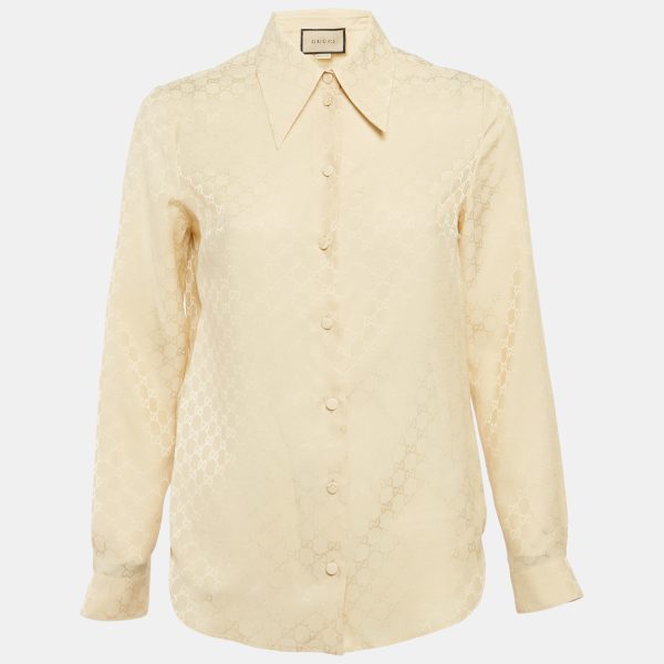 Gucci Beige GG Silk Crepe Button Front Shirt XS