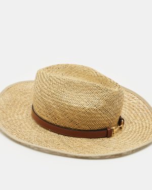 Gucci Beige Horsebit Leather Trim Straw Hat