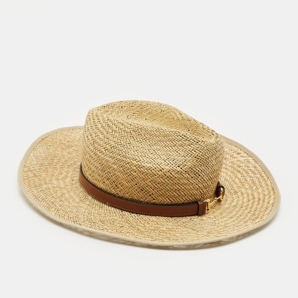 Gucci Beige Horsebit Leather Trim Straw Hat