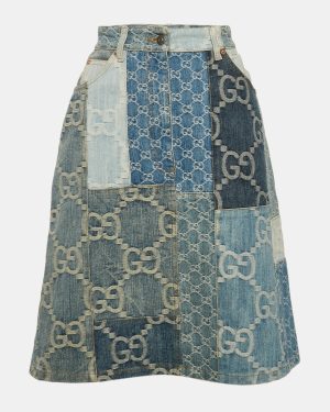 Gucci Blue GG Patchwork Denim High Waist Skirt M