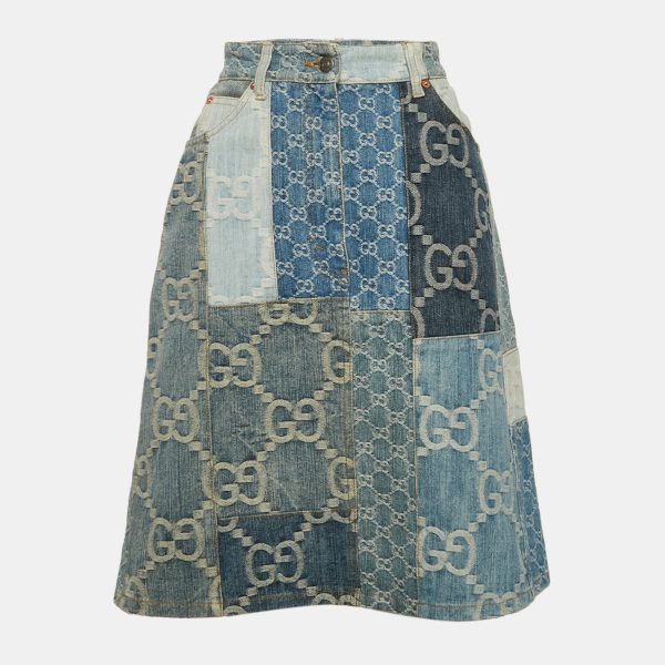 Gucci Blue GG Patchwork Denim High Waist Skirt M