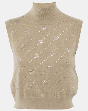 Gucci Brown Studded Cashmere Knit Sleeveless High Neck Top S