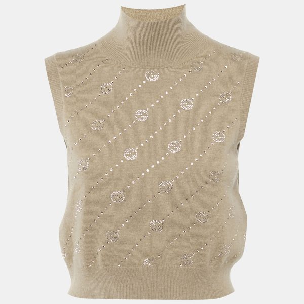 Gucci Brown Studded Cashmere Knit Sleeveless High Neck Top S