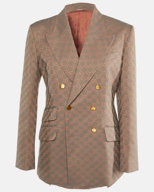 Gucci Coral Pink/Grey GG Jacquard Double Breasted Blazer M