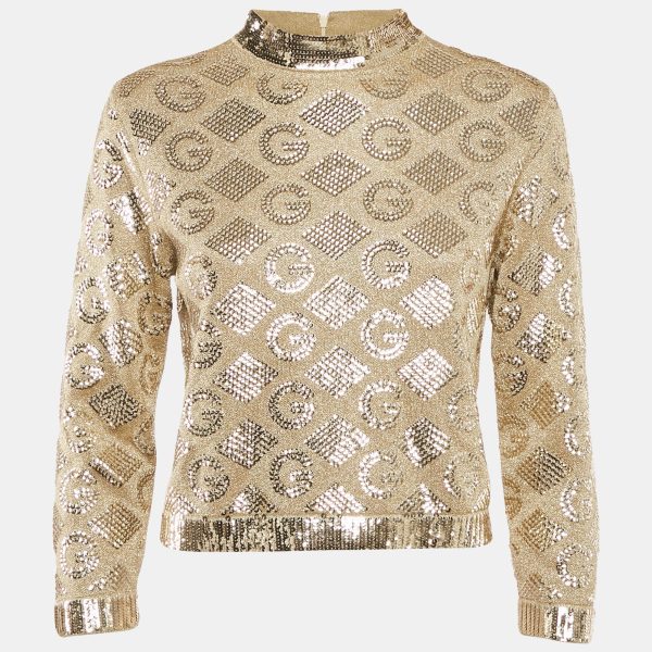 Gucci Gold Sequined Lurex Knit Long Sleeve Top M
