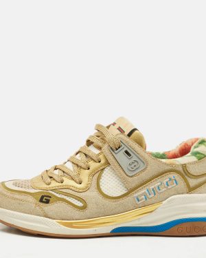 Gucci Gold/White Mesh, Glitter and Leather Ultrapace Low Top Sneakers Size 37.5