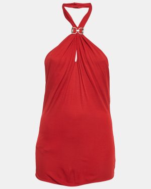 Gucci Red Horsebit Detail Crepe Jersey Halter Neck Top L