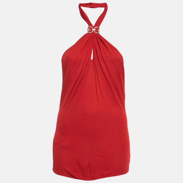 Gucci Red Horsebit Detail Crepe Jersey Halter Neck Top L